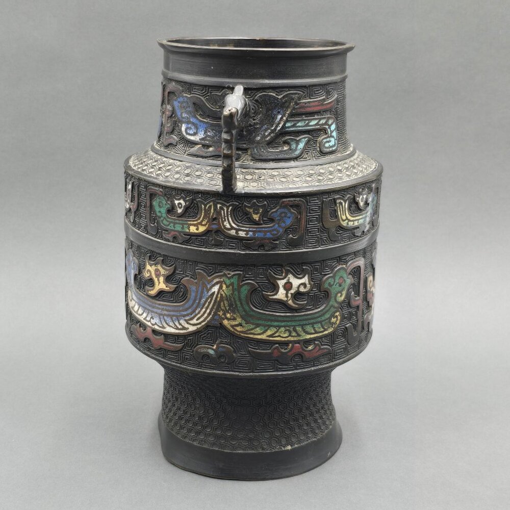 Antique Japanese Bronze Champleve Vase 11" Archaic Dragon Handle Meiji Style - Picture 4 of 16